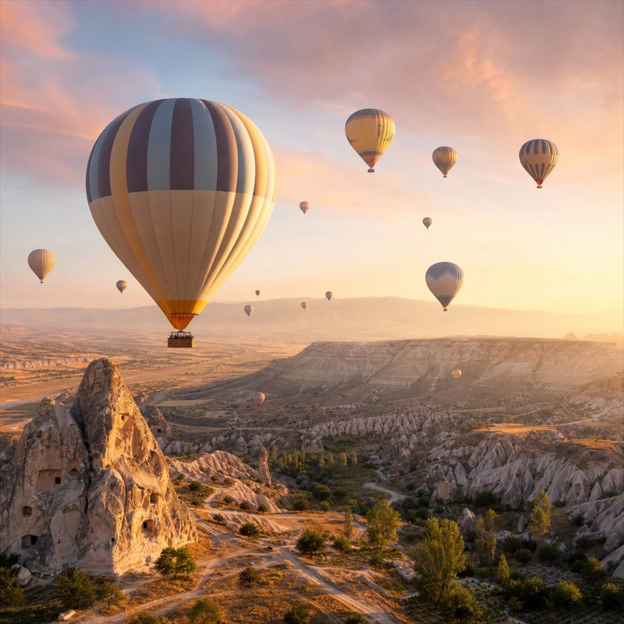 Hot air balloons over a landscape in panel 4